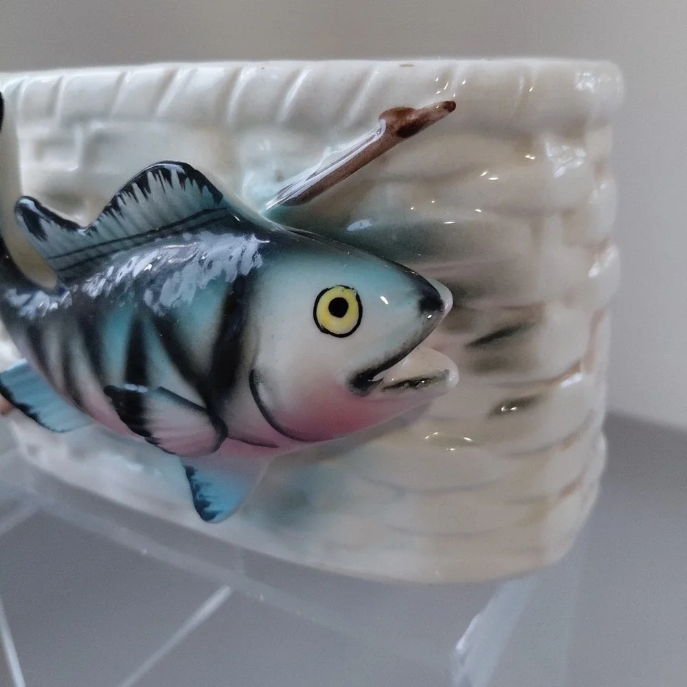 VTG 3D Ceramic Trout Salmon Planter Trinket Sportsman Fishing‎ Rod MCM Man Cave